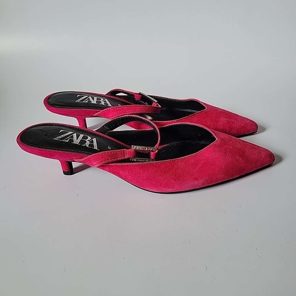 Zara Kitten Heel Point Toe Mules 7 Fuschia Pink Suede Chic Effortless Feminine - Picture 7 of 12